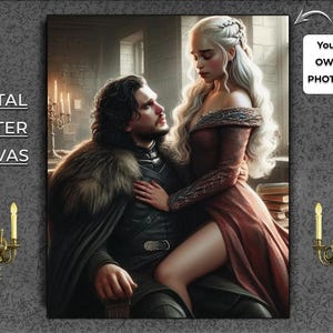 Custom Game of Thrones-paarportret, gepersonaliseerde geschenken, Daenerys, Jon Snow, koning in het noorden, drakenmoeder, unieke fanart.