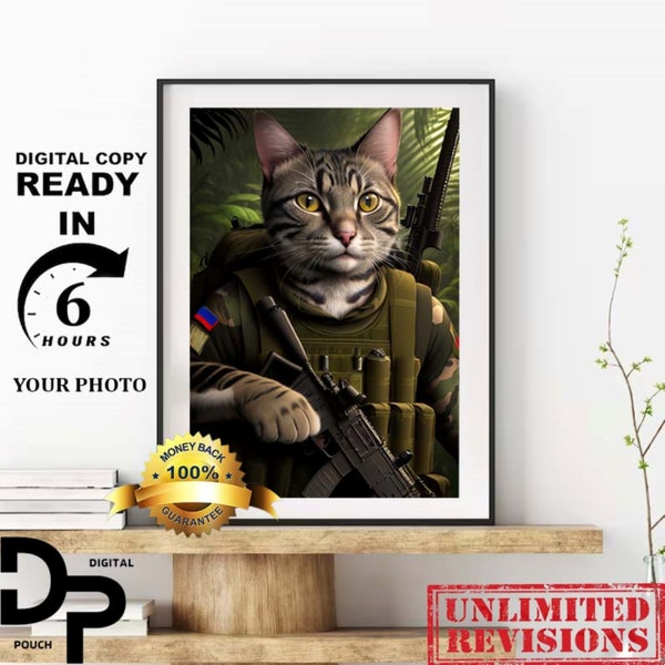 Jungle Mission Paws: Customised Your Pet's Portrait with Armoured Special Forces Cat - Memorial Keepsakes, Transformative Digital Art.