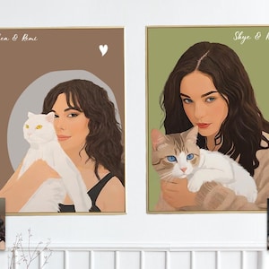Custom Pet Cat Dog Owner Faceless Portrait Gift Pet Lover Minimal Illustration Portrait Painting Photo Cartoon Gift Pet Digital Art Print
