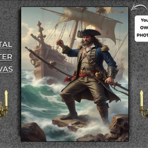 Portrait d'homme pirate personnalisé Capitaine personnalisé inspiré des oeuvres d'art de votre photo Art personnalisé sur le thème des pirates Raider Sea Rover Sailor 18 modèles