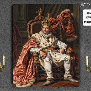 Przekształć swoje zdjęcie w majestatycznego króla, monarchę, lorda, renesansowe lub wiktoriańskie arcydzieło. Indywidualne portrety królewskie. 18 wzorów do wyboru