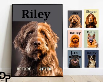 Personalized and Custom Pets Portrait's, Digital Pet Portrait for Unique Dog Wall Art,  Download for a Pet Lover Gift on Poster or Canvas.