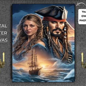 Custom Pirate Couple Portrait, Captain Jack Sparrow in a Personalized Pirates for the Caribbean Style Portrait, Unique Pirate Gift Idea.