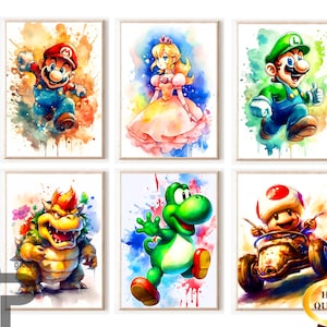 New Set of 6 Super Mario Luigi WaterColour Photo Picture Poster Digital File Child Kids Boys Girl Room Decoration Birthday Gift Party Theme