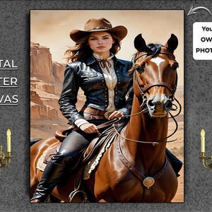 Customize your photo into a Cowgirl, Horsewoman Buckarette Rodeo Outlaw Queen Unique Portrait, Woman Home Decor Cow Girl Wall Art 18 Designs