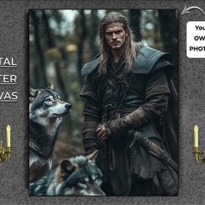Personaliza tu foto en un retrato de un conquistador vikingo que inmortaliza el espíritu de un navegante asaltante. Obra de arte personalizada. 16 diseños para elegir.