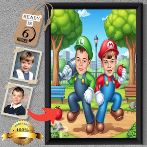 Custom Super Mario and Luigi Portrait,  Mario and Luigi Cartoon Portrait, Personalised Portraits, Birthday Gift for a Mario or Luigi Fan.