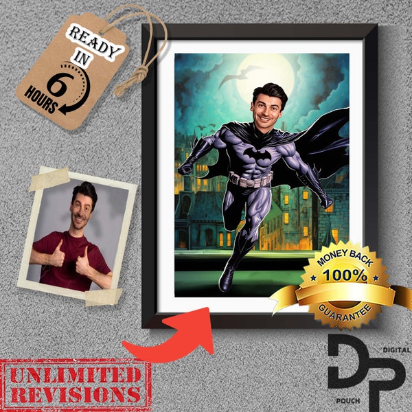 New Custom Personalized Batman Portrait Superhero Artistry Transform your Own Boys Girl Photo Picture Image into Superhero Art Birthday Gift