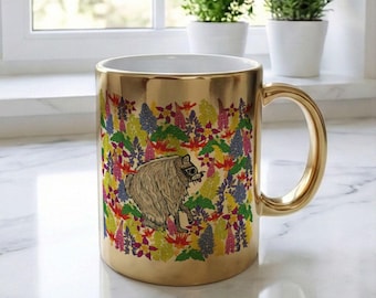 Gold Jimothy Raccoon Mug | Floral Wildflower Colorful Flower Ceramic Coffee Cup Viral Seattle Cryptid Ballard Washington Gift