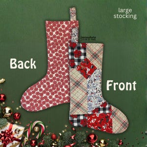 May include: A large Christmas stocking with a red and white peppermint swirl pattern on the back and a patchwork design on the front. The front features plaid, dog, and bone patterns. The text "large stocking" and "Front" are visible.