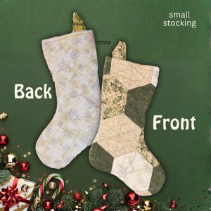 May include: Two small Christmas stockings. The back of one is a light cream color with a snowflake pattern. The front of the other is a patchwork design with green and cream-colored floral fabric. The word "Back" is printed on the left, and "Front" on the right.