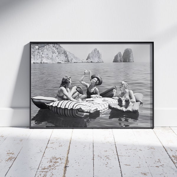 Eating Spaghetti on the Water, Capri Italy 1939 Girls Italian Pasta Air Floats Ocean Women Wall Art, House Decor, Vintage Poster