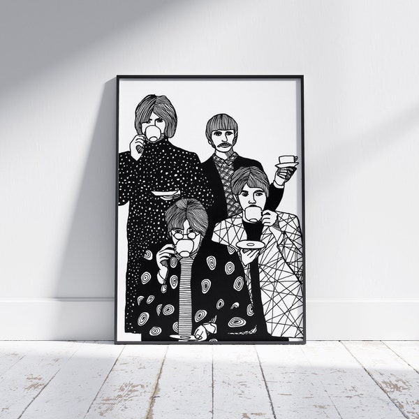 Beatles Line Drawing, The Beatles Drinking Tea Print, Black & White Home Decor, Gift for 70s Music Lover, Liverpool Memorabilia