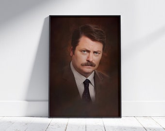 Ron Swanson Parks and Rec Poster, Parks and Recreation Portrait Print, Funny Office Art, Oil Painting, Funny Home Wall Art Gift