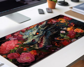 Gamer mouse pad, Dragon desk mat extra large, Flowers, Mouse pad extra large, Gaming mouse mat, extended mouse pad,xxl mousepad dark fantasy