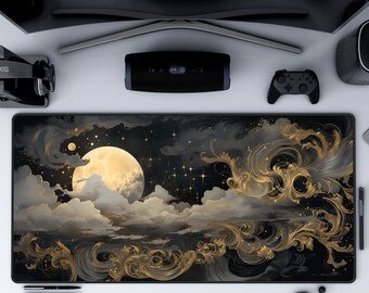 Cloud mouse pad, celestial desk mat, gold clouds and moon playmat Night Sky Desk Mat Gaming mouse pad Celestial mouse pad Extended mouse pad