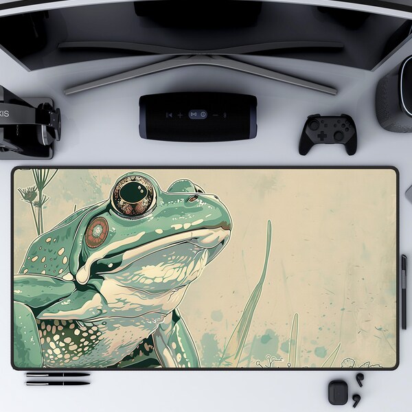 Frog Desk Mat, Vintage Japanese Frog Mousepad, Office Desk Accessories, Artistic Amphibian Desk Protector, Retro Style Workspace Decor