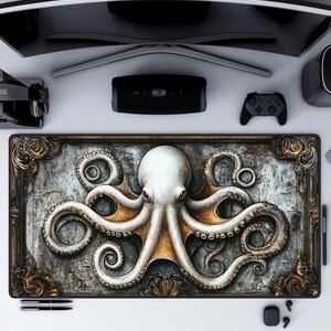 Octopus Desk Mat, White Octopus Mouse Pad, Ocean Themed Office, Sea Creature Desk, Extended Mouse Pad, Octopi Moon Mousepad