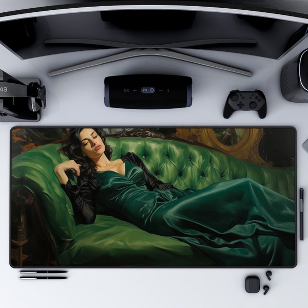 Painting of a woman laying on couch, Emerald green art Moody vintage portrait, xl mouse pad, green mouse pad, Chic mouse pad