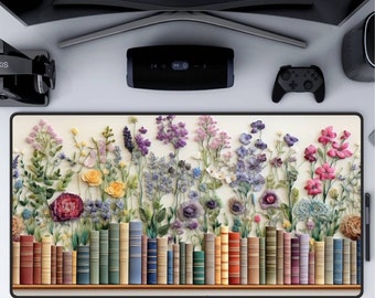 Book Desk Mat Bookish, Floral Bookshelf Desk Mat, Large Mouse Pad with Botanical and Literature Design, Home Office Decor, Writer Gift