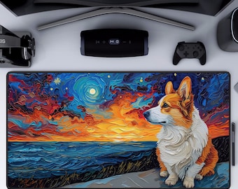 Colorful Corgi Desk Mat, Starry Night Ocean Landscape, Dog Large Mouse Pad, Office Decor, Desk Accessory, Unique Gift Idea