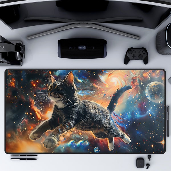 Galaxy Cat Desk Mat, Space Kitty Mouse Pad, Large Gaming Mousepad, Cosmic Office Decor, Nebula Desk Accessory, Cool Cat Desk Blotter