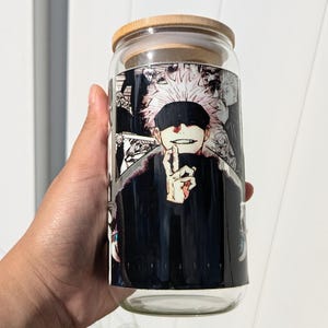 JJK Inspired 16 oz Clear Glass Can, Gojo Glass Tumbler , Gojo Tumbler, Libbey Glass, Gifts for Anime Lover
