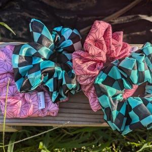 Anime Scrunchie Set, Demon Slayer Satin Scrunchies, Handmade Scrunchies 2 Pack, Demon Slayer Poly Cotton Scrunchies