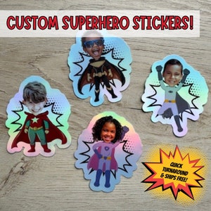 Personalisierter Superheld Foto-Aufkleber Gestalten Sie Ihren eigenen benutzerdefinierten Superheld-Aufkleber Holographischer Superheld Weihnachtsgeschenk Party Favor Aufkleber