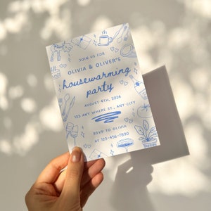 Faire-part de pendaison de crémaillère bleu lunatique dessiné à la main - modèle de toile modifiable pour le texte ou l'impression