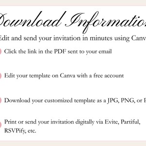May include: A cream-colored graphic with the words "Download Information" in elegant script. The text provides instructions for editing and sending invitations using Canva, including downloading as JPG, PNG, or PDF.
