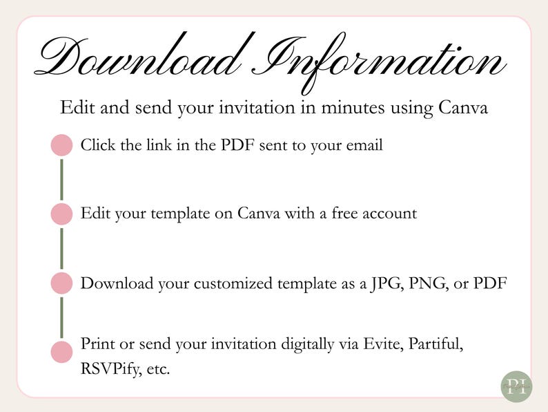 May include: A cream-colored graphic with the words "Download Information" in elegant script. The text provides instructions for editing and sending invitations using Canva, including downloading as JPG, PNG, or PDF.