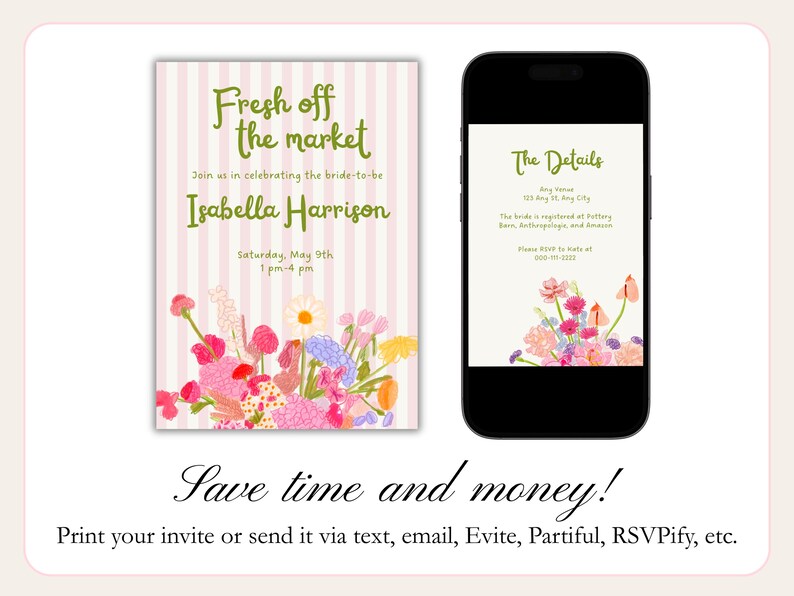 Editable bridal shower invitation template with "Fresh Off The Market" party theme. The invite has sage-green text, baby-pink stripes, and whimsical hand-drawn illustrations of flowers.