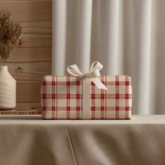 Red Plaid Christmas Wrapping Paper, Premium Rustic Gift Wrap