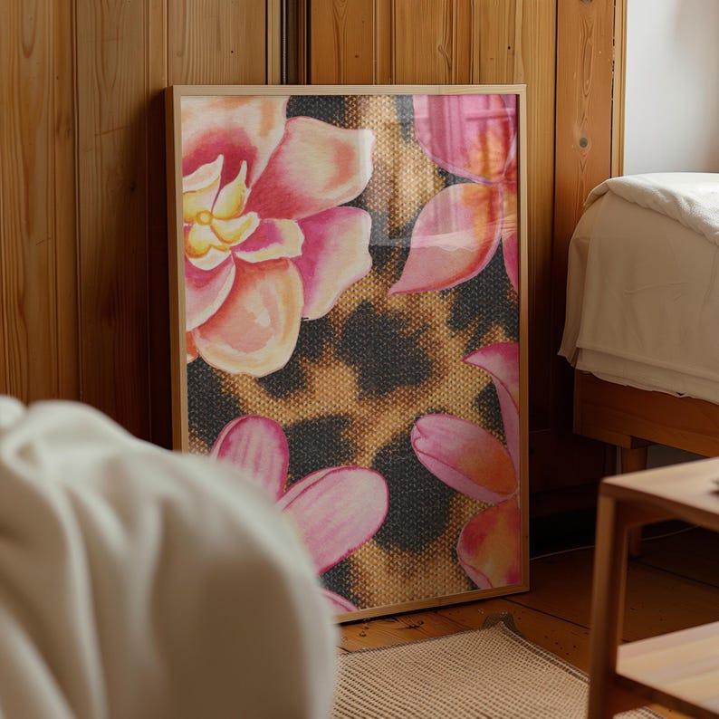 Póster con estampado de leopardo, estampado floral rosa, arte de pared imprimible para chicas - Descarga digital imagen 3