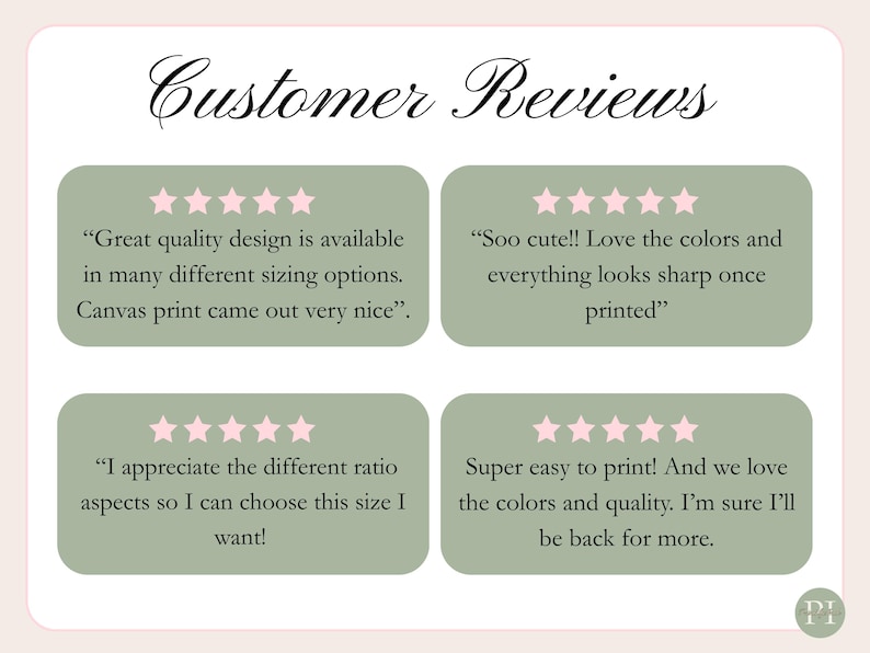 Op de afbeelding: Een lichtroze achtergrond met de woorden "Customer Reviews" in elegant schrift. Vier groene rechthoeken tonen getuigenissen van klanten met roze sterrenbeoordelingen, die het ontwerp, de kleuren en de kwaliteit van het product prijzen.
