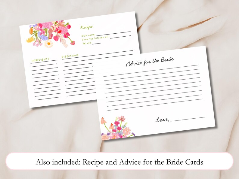 Fun bridal shower games with whimsical font, a hand-drawn floral border, and a colorful color palette. The templates are editable, printable, and can be used for "Fresh Off The Market" or "Love is Blooming" themed wedding showers.