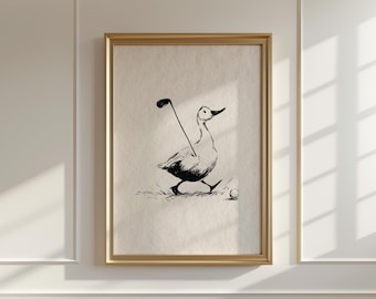 Silly Goose Golf-print, beige muurkunst, afdrukbaar decor jongenskamer (digitale download)