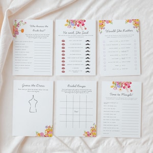 Fun bridal shower games with whimsical font, a hand-drawn floral border, and a colorful color palette. The templates are editable, printable, and can be used for "Fresh Off The Market" or "Love is Blooming" themed wedding showers.