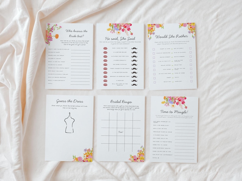 Fun bridal shower games with whimsical font, a hand-drawn floral border, and a colorful color palette. The templates are editable, printable, and can be used for "Fresh Off The Market" or "Love is Blooming" themed wedding showers.