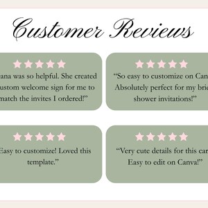 May include: A light beige background with the words "Customer Reviews" in elegant script. Four green rectangles contain customer testimonials with pink star ratings. The reviews mention customization and ease of use.
