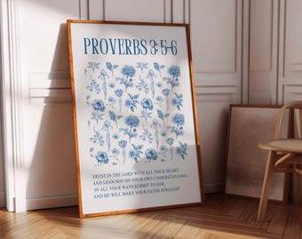 Blue Christian Wall Art, Chinoiserie Prints, Scripture Poster, Bible Verse Poster for Bedroom, Living Room, Nursery, or Entryway