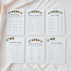 Lot de jeux imprimables pour la douche nuptiale, Thème fraîchement sorti du marché, Modèles canva modifiables, Cartes de recettes, Conseils pour la mariée, Devinez qui
