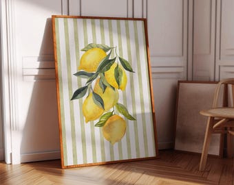 Citroenprint met saliegroene strepen, afdrukbare keukenmuurkunst