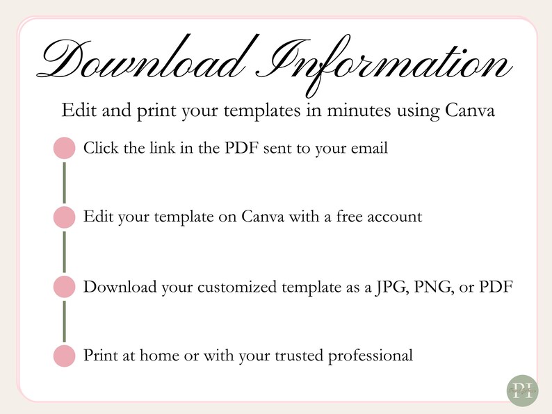 May include: A rectangular graphic with the words "Download Information" in elegant script. The text provides instructions on editing and printing templates using Canva, including downloading as JPG, PNG, or PDF.