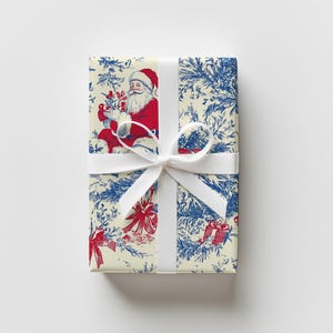 Vintage Santa Blue Toile Wrapping Paper Roll, Nostalgic Christmas Gift Wrap, Red Xmas Decor, Luxury Premium Paper