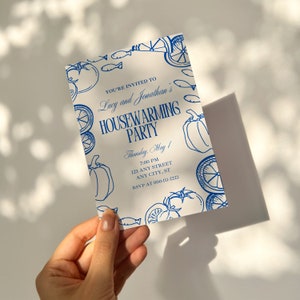 Blauwe housewarming-uitnodiging, digitale uitnodiging, bewerkbare canva-sjabloon, tekstuitnodiging, nieuwe huiskaart, handgetekende
