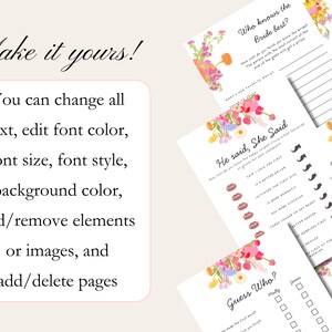 Fun bridal shower games with whimsical font, a hand-drawn floral border, and a colorful color palette. The templates are editable, printable, and can be used for "Fresh Off The Market" or "Love is Blooming" themed wedding showers.