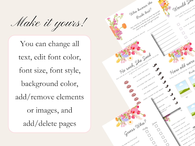 Fun bridal shower games with whimsical font, a hand-drawn floral border, and a colorful color palette. The templates are editable, printable, and can be used for "Fresh Off The Market" or "Love is Blooming" themed wedding showers.