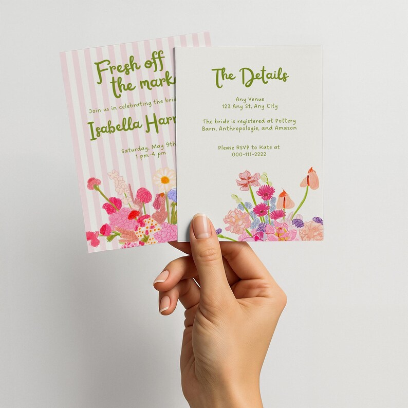 May include: Two wedding invitation cards held by a hand. One card has pink and white stripes with the text "Fresh off the mark" and "Isabella Harper". The other card has the text "The Details" and floral illustrations.